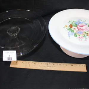 Two Cake Stands, One Clear And One With A Floral Motif
