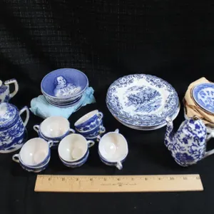 Assortment Of Blue And White China, Not A Matching Set, Including Miniature Tea Service Pieces, A Benjamin Franklin Commemorative Plate, And Multiple 