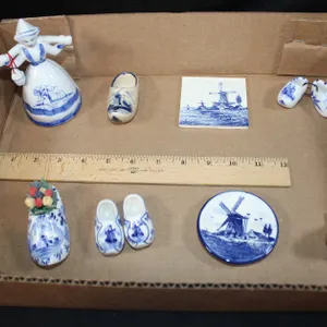 Delft Assortment With Two Delft Clogs, Mini Tray, Tile, And One Bissing Piece Made In Denmark