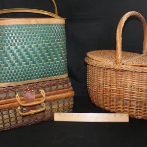 Three Baskets, Including A Wicker Picnic Basket With A Green Plastic Picnic Service Inside, A Green Woven Storage And Sewing Basket, And An Oval Gathe