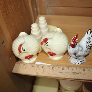 Two Celluloid Chickens, Celluloid Salt And Pepper Shaker With Tray, And Ceramic Chicken Salt And Pepper Shaker