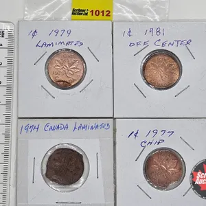 Canada One Cent (4): - 1974 (Consignor Note: Laminated) - 1977 (Consignor Note: Chip) - 1979 (Consig