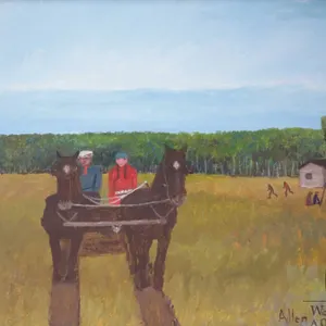 Allen Sapp, framed acrylic on canvas painting, Going to town on buck board, 24" X 18"