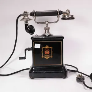 1920's Danish Jydsk Telefon Aktieselskab hand crank telephone with black enamel finish, gold trim, a