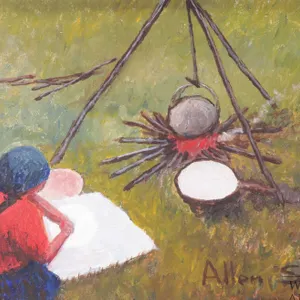 Allen Sapp, framed acrylic on canvas painting, Nokum making bannock, 12" X 16"
