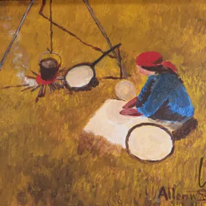 Allen Sapp, framed acrylic on canvas painting, Nokum making bannok, 20" X 16"