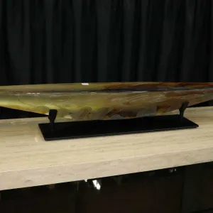 Steven Maslach, cast glass, custom made, commissioned sculpture titled "Amber Longboat", 6.25" H X 4