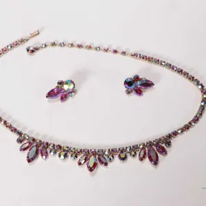 Vintage signed Sherman necklace and earrings, including baguette cut and round Aurora borelias Austr