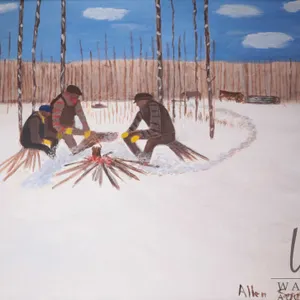 Allen Sapp, framed acrylic on canvas painting, Cutting wood/ coffee time, 24" X 30"