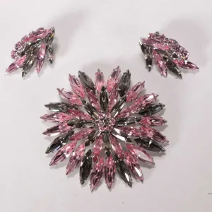 Vintage signed Sherman demi-parure with large pinwheel pink and smoked grey Austrian crystal brooch 