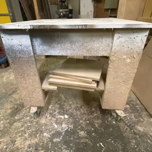 WOODEN MOBILE 2 TIER SHOP TABLE APPROX 37"W X 37"D X 34"H *CONTENTS NOT INCLUDED*