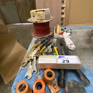 GROUP OF ASSORTED TOOLS, WIRE, BELT CLEANER, EXTENSION CORD & MORE