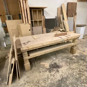 LARGE GROUP OF ASSORTED WOOD/FURNITURE PARTS & LARGE WOOD SHOP TABLE