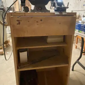 DUREX INDUSTRIAL MODEL 13 BENCH GRINDER ON SMALL MOBILE CABINET WITH ASSORTED TOOL CONTENTS