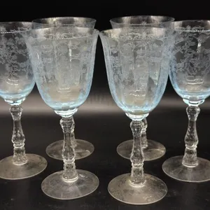 (6) Fostoria Navarre Blue Etched Wine Glasses