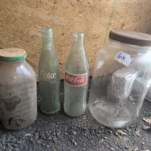 2 vintage Coca-Cola bottles, juice bottle, jar