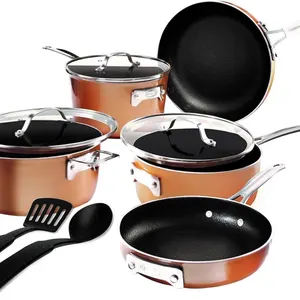 NEW $100 (10 Pcs, Copper) Stackable Pots & Pan Set