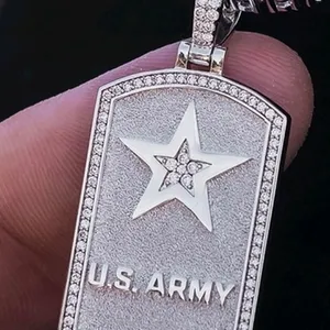 New GLD | US Army Iced Dog Tag Pendant (no chain)- 14k White Gold Plated w CZ Stones | Retails for $164!