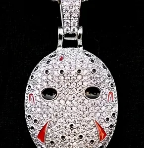New GLD | Jason Mask Pendant (no chain)-  14k White Gold Plated w CZ Stones  | 23mm x 36mm | Retails for $137!