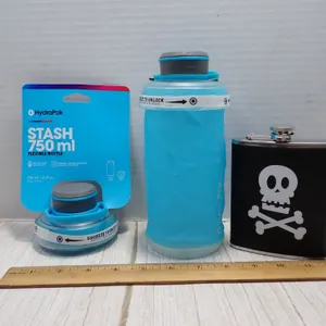 2x HydraPak Stash 750ml Flexible Water Bottles & Wink Skull 7oz Stainless Flask