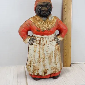 Vintage Cast Iron Mammy Still Coin Bank Aunt Jemima Black Americana Red Dress