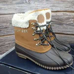 Tommy Hilfiger Muddy Faux Fur Duck Boots Dark Brown Tan Winter Rain Size 8 M