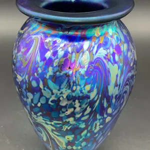 Starry Night Vase, Cobalt Blue Glass with Teals, Purples and Iridescent Swirl
