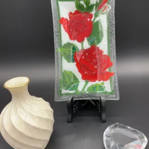 Peggy Carr Fused Rose Glass Tray, Lenox Vase and Rosenthal Heart Shaped Paper Weight