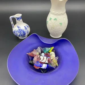 Beleek Vase, Delft Small Vase and Murano-Style Folded Edge Bowl with Decorative Glass Candies