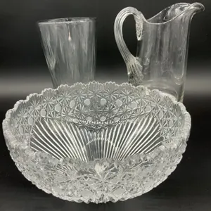 American Brilliant Cut Glass Bowl, Vintage Glass Pitcher and Vade