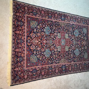 Decorative Tan, Navy & Red Area Rug with Comfort Pad