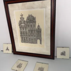 Signed & Framed Etching of Brussels Grand Place Guild Houses, 2/80 & Miniature European Views