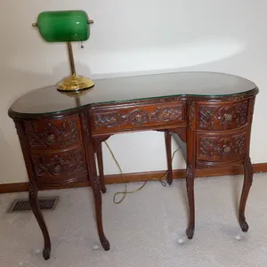 Louis XV Style Carved Walnut Kidney-Shaped Writing Desk with Removable Glass Top & Green Desk Lamp