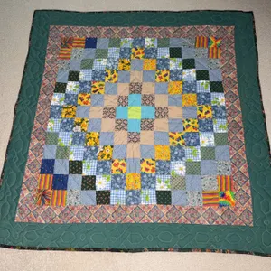 “Trip Around the World" Patchwork Pattern Handmade Quilt with Distinct Green Border AND Pink and Blu