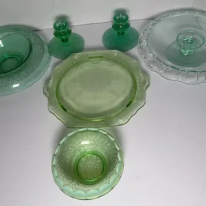 Assortment of Depression Glass & Antique Glass, Serveware, Candle Stick Holders & More