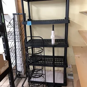 plastic 5 shelf unit 6 ft tall, black metal display rack 5 ft 3” tall, 3 basket metal display, metal bag dispenser stand