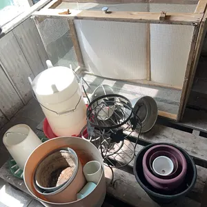 CHICKEN WATERER & FEEDER, PLANT POTS, PLANT STAND, HEAT LAMPS & SMALL CAGE