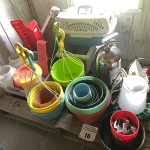 SMALL PET CARRIER, CHICKEN FEEDERS & WATERERS, HANGING PLANT PLANTERS, FIRE EXT, HEAT LAMP & MORE