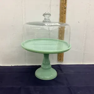 RAISED CAKE STAND - LIGHT GREEN JADITE GLASS BASE
