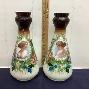 (2) VINTAGE  MATCHING HANDPAINTED GLASS VASES