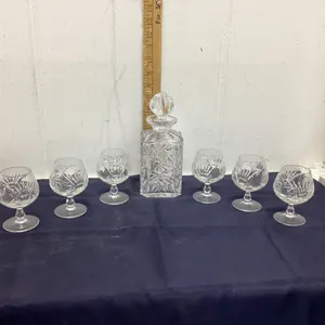PINWHEEL CRYSTAL DECANTER & BRANDY SNIFTERS