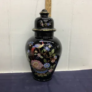 LARGE GLASS URN W/ PEACOCK DESIGN