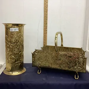 VINTAGE BRASS UMBRELLA STAND & WOOD HOLDER