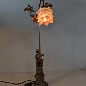 Bronze Tone Cherub & Dog Figural Table Lamp