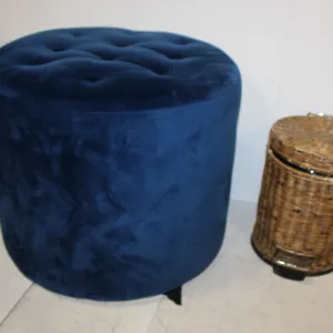 Blue Velvet Ottoman & Wicker Step Can