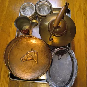 Vintage Equestrian & Mixed Metal Collection: Hammered Copper Horse Plaque, Antique Brass Kettle, & S