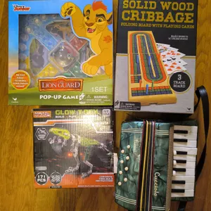 Vintage Pearlescent Green Children's Piano Accordion & Board Games Lot