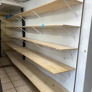 plywood shelves, metal brackets, 6 shelves 8ftx16”, 4 shelves 8 ftx20”