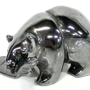 Adorable Tiny 0.75" Carved Hematite Grizzly Bear With Salmon Figure Talisman