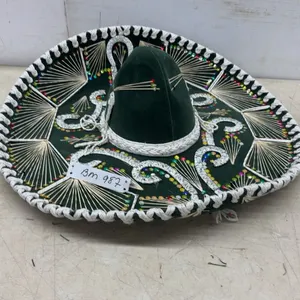 Green Sombrero with White Braiding, Silver Embroidery, and Sequins